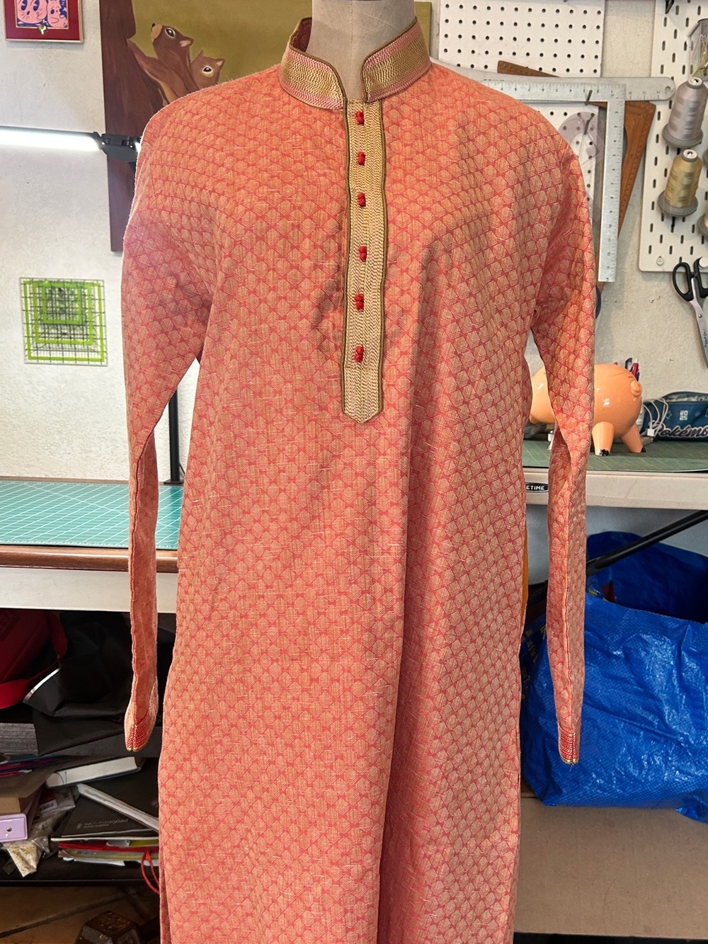 Vintage Women's Peach Embroidered Long Dress with Gold Trim